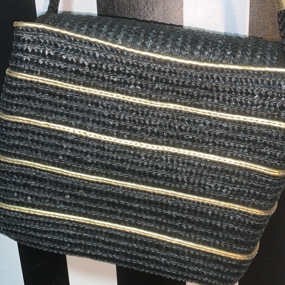 Vintage Black/Gold Woven Straw Bag Purse Pocketbook Coastal Nautical Beach Bag - Picture 8 of 16